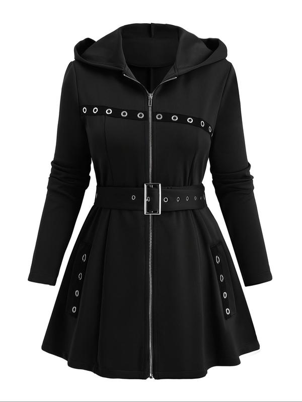  Grommet Eyelet Decor Belted Hooded Jacket, Casual Long Sleeve Zip Up Hooded Outerwear for Fall & Winter, Women's Clothes for Daily Wear