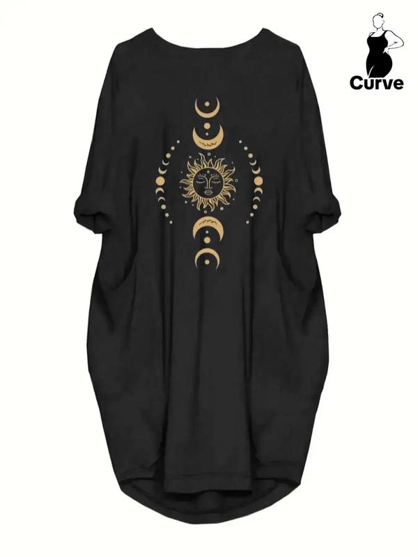  Moon & Sun Print Asymmetrical Hem Dress, Casual Long Sleeve Round Neck Dress for Summer, Women's Plus Clothing for Daily Wear