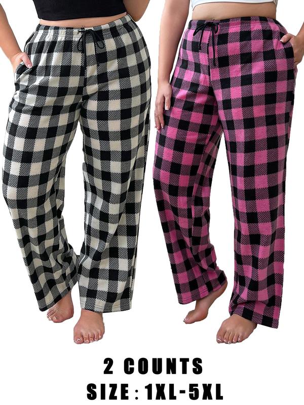  Christmas Plaid Print Drawstring Pocket Lounge Pants, Casual Comfy Trousers for Daily Wear, Women's Sleepwear for Fall & Winter