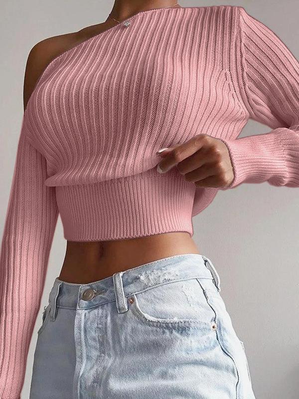 Women's Solid Asymmetrical Neck Long Sleeve Sweater, Y2k Clothes, Casual Knitting Crop Top, Ladies Jumper Knitwear for Spring & Fall Daily Wear, Fall Outfits