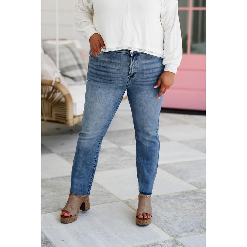 Risen Your Bestie High Rise Medium Wash Raw Edge Hem Straight Leg Jeans