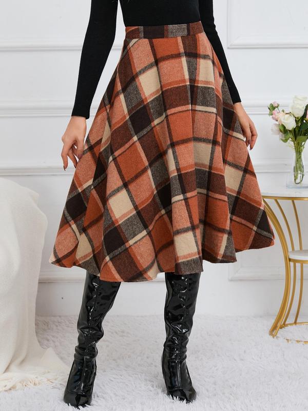 Women's Plaid Print Zipper A Line Skirt, Casual Fashionable Midi Skirt for Daily Outdoor Wear, Women's Bottoms for Fall & Winter, Going Out Bottoms, Winter Clothes Women, Fall Clothing Women, Skirts for Women Plaid Skirt