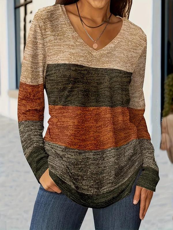 Women's Colorblock Print V Neck Tee, Casual Long Sleeve T-Shirt for Fall & Winter, Women's Clothing for Daily Wear