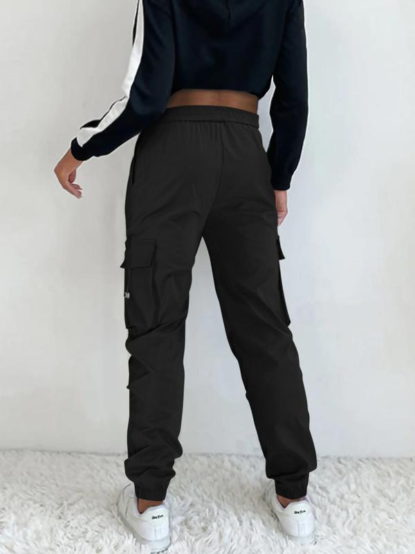 Women's Plain Drawstring Waist Cargo Pants, Casual Pocket Jogger Pants for Women, Women's Trousers for All Seasons