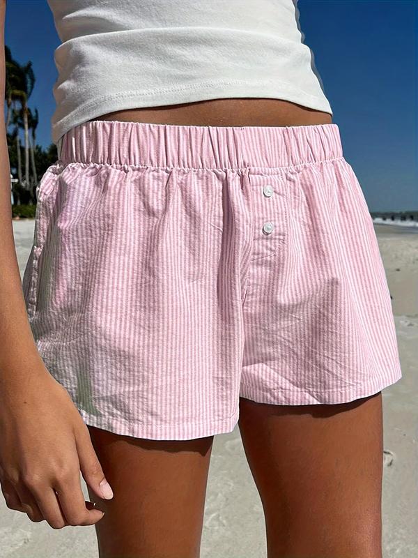 Women's Striped Button Elastic Waist Bloomer Shorts, Casual Comfy Shorts for Summer, Fashion Women's Bottoms for Daily Wear