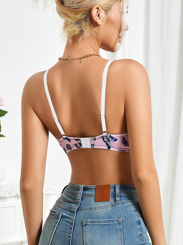 Women's 3pcs Butterfly & Floral & Heart Print Bow Decor Contrast Lace Underwire Bra, Casual Adjustable Strap Push Up Bralette, Ladies Lingerie for All Seasons