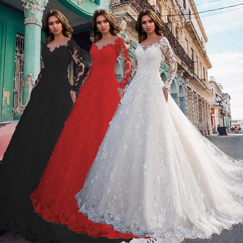 2024 New Arrival European and American Women's Clothing Dress Long Sleeve Solid Color See-through Lace Bridal Wedding Dress