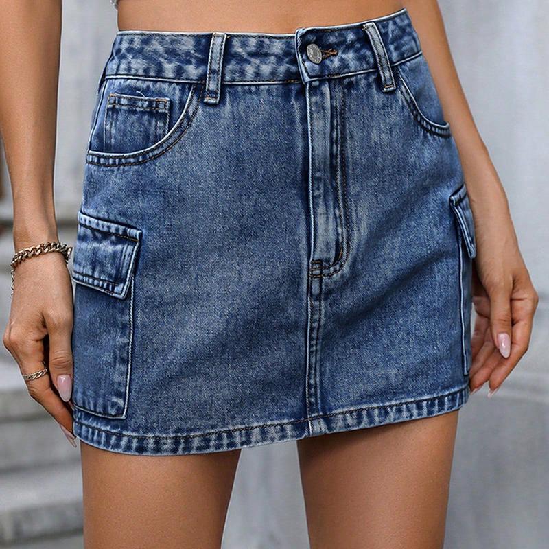 Women's Denim Bodycon Short Skirts Solid Color Multi-Pockets Summer Package Hip Mini Skirts Cotton Womenswear