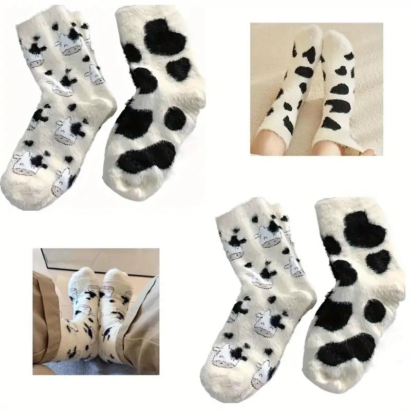 2 Pairs Cute Cow Spot Socks, Soft & Fuzzy Crew Mid Tube Socks, Women's Stockings & Hosiery Sports