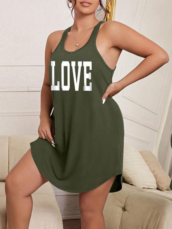 Plus Size Love Print Casual Loose Fit Spaghetti Strap Home Pajama Dress