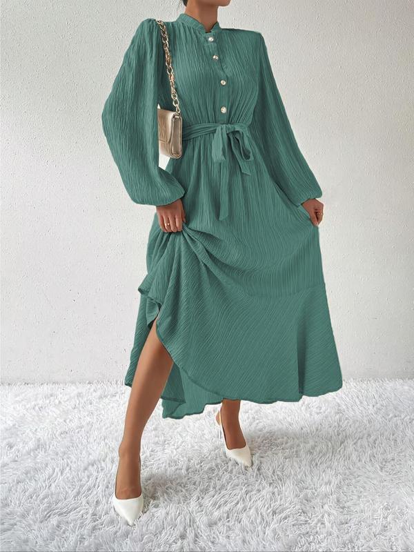 Plain Textured Belted Button Front Ruffle Hem Shirt Dress for Women, Elegant Bishop Sleeve Mock Neck A Line Long Dress for Spring & Fall for Daily Wear, Dresses for Women, Fall Outfits 2024,