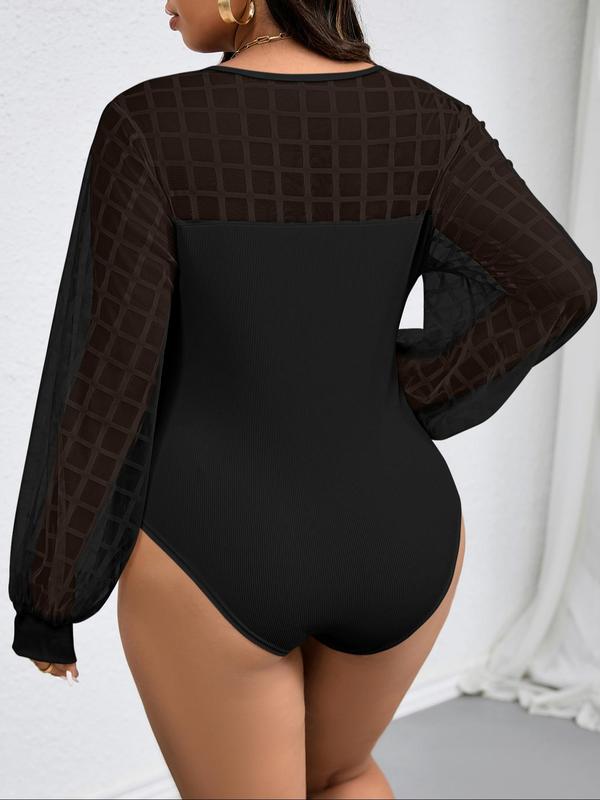  Contrast Plaid Mesh Sheer Bishop Sleeve Bodysuit, Long Sleeve Round Neck Bodysuit for Women, Women's Clothes for Fall & Winter