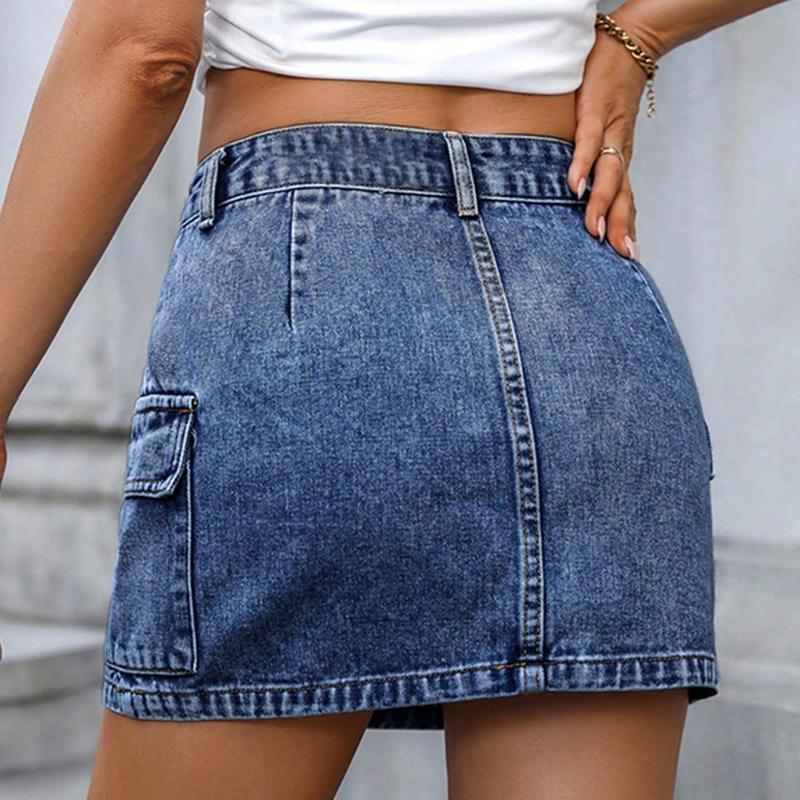 Women's Denim Bodycon Short Skirts Solid Color Multi-Pockets Summer Package Hip Mini Skirts Cotton Womenswear