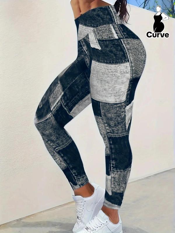 Plus Size Patchwork Denim-Effect Print High Waist Leggings, Plus Casual Comfy Skinny Pants for Women, Women's Plus Bottoms for Spring & Fall