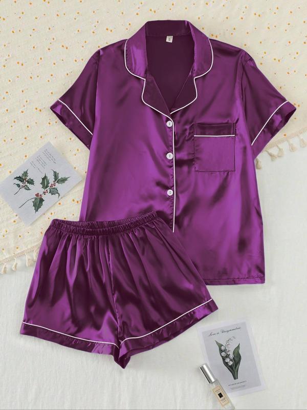 Two-piece Set Women's Solid Contrast Binding Lapel Neck Pocket Shirt & Shorts Satin Pajama, Casual Comfy Short Sleeve Button Front Top & Elastic Waist Shorts Pj Set, Ladies Summer Sleepwear