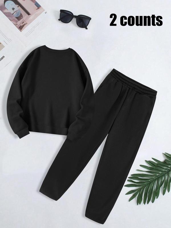 Two-piece Set Women's Letter Print Drop Shoulder Sweatshirt & Drawstring Waist Sweatpants, Casual Fashion Cozy Round Neck Long Sleeve Pullover & Pocket Jogger Pants for Daily Wear, Ladies Spring & Fall Clothes