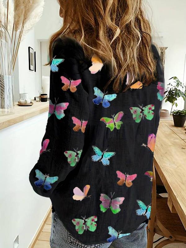 Women's Butterfly Print Button Front Blouse, Casual Long Sleeve Collared Top for Daily Wear, Going Out Tops, Ladies Clothes for All Seasons