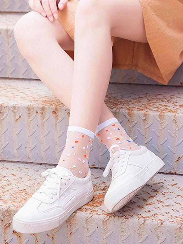 Women's 5 Pairs Contrast Mesh Sheer Crew Socks, Fashionable All Over Print Socks for Daily Wear, Comfy Breathable Socks for Women