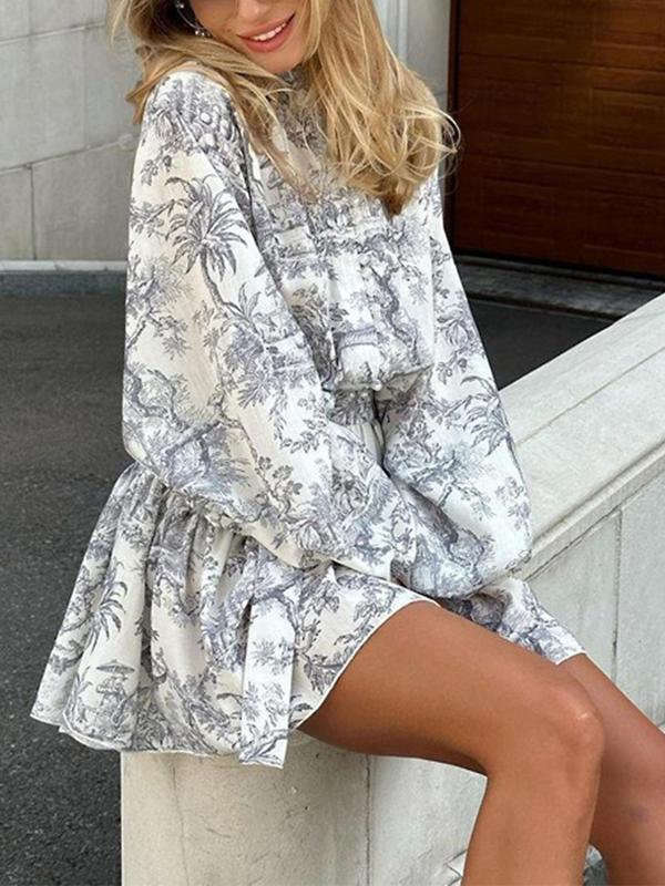 Women's All Over Print Belted Plicated A Line Dress, Casual Bishop Sleeve Short Dress for Daily Wear, Ladies Clothes for All Seasons