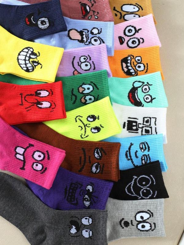 Random Color Women's Cartoon Face Print Mid-calf Socks, Casual Moisture Wicking Socks, Soft Comfy Breathable Socks for All Seasons Daily Wear