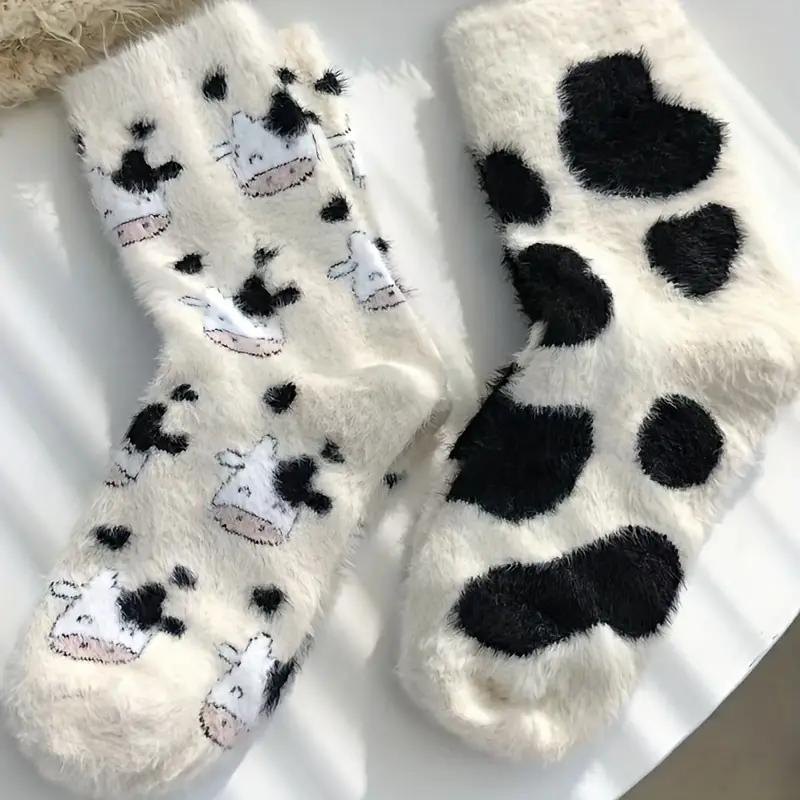 2 Pairs Cute Cow Spot Socks, Soft & Fuzzy Crew Mid Tube Socks, Women's Stockings & Hosiery Sports