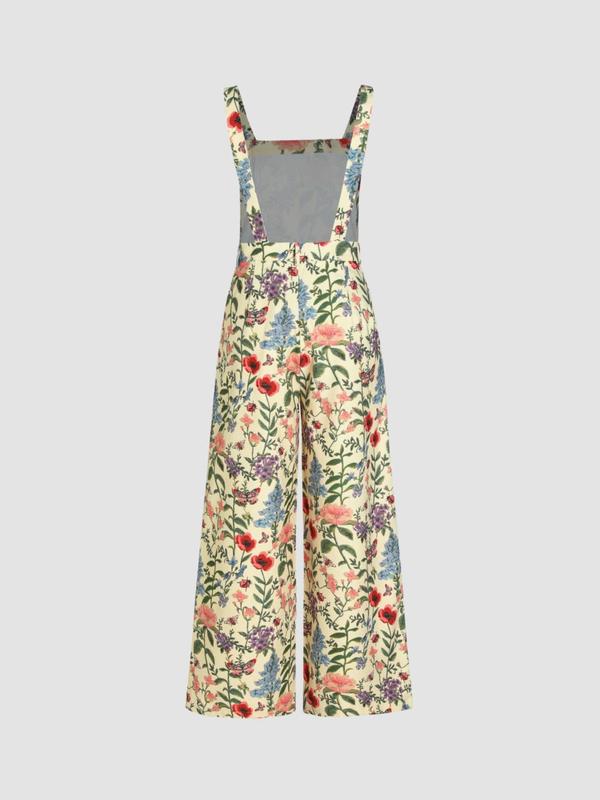  Floral Print Backless Cami Jumpsuit, Boho Sleeveless Wide Leg Jumpsuit for Beach Holiday Vacation, Overalls Jumpsuits, Women's Clothes for Summer