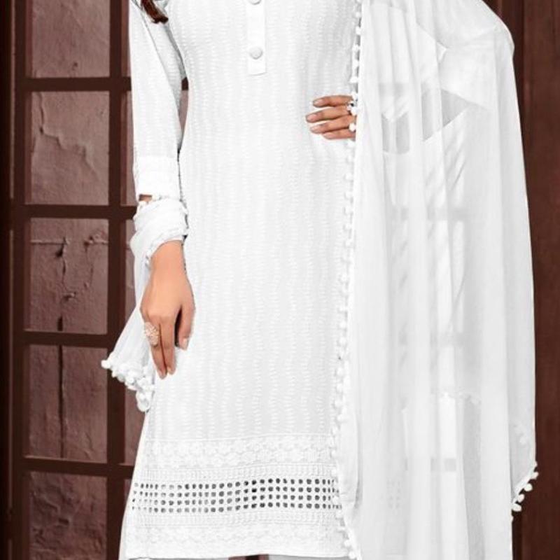 Plus Size White Rayon Chikankari Kurta with Pant and Dupatta Set Womenswear