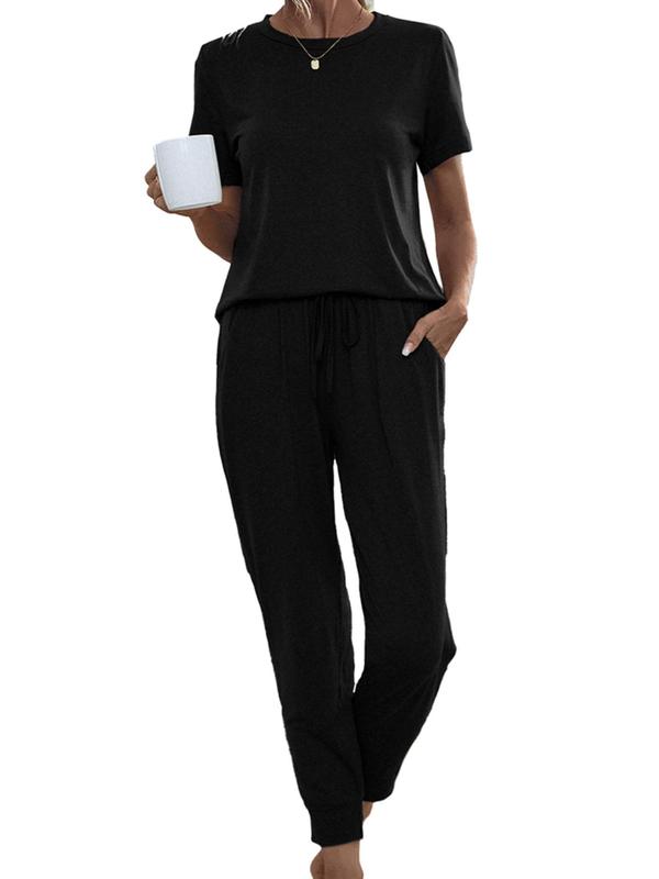 Women's Chic Solid Co-ord Set, Lady Basic Minimalist Casual Short Sleeve Round Neck Tee & Drawstring Waist Pocket Pants Suits Two Piece Set Women, Fall Clothes, Summer Outfits 2024 Sets, Comfortable Summer Outfits 2024, Womenswear, Fall Gift, Fall Outfits