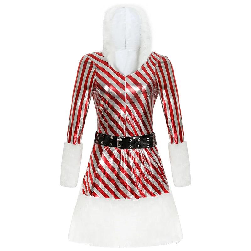 Women Christmas Hooded Dress 3Pcs Set Up Winter Velvet Striped Mrs Claus Santa Cosplay Costume Xmas Holidays Party Fancy Dress