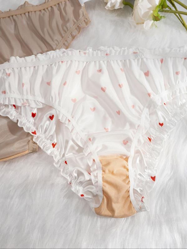 Plus Size Heart cherry Print & Plain Ruched Panty, Cute Bow Decor Frill Trim Knicker for Daily Wear, Underwear for Women, Women's Comfy Underwear for All Seasons