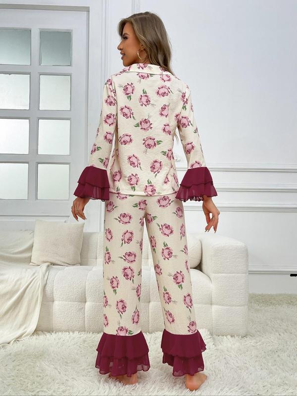 @ShopwithJulie Collection Women's Floral Print Ruffle Trim Loungewear Two-piece Set, Comfy Soft Lapel Layered Flared Sleeve Shirt & Tiered Layer Pants Lounge Sets, Pajama Sets Women, PJ Sets for Women, Comfortable Pajama Sets Women