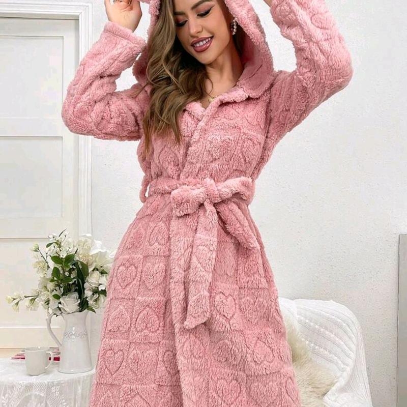 Women's Plush Hooded Robe with 3D Ear Design - Gowns, Womenswear Comfort Comfortable Cute Loungewear Nightwear Basic Long Sleeve Day