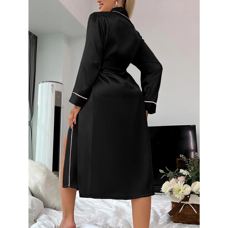 Solid Satin Night Robe Elegant Long Sleeve V Neck Pajamas with Belt Sexy Women Sleepwear Does not apply