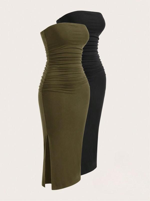 Women's Solid Ruched Split Hem Tube Dress, Casual Strapless Long Bodycon Dress for Summer, Ladies Clothes for Daily Wear