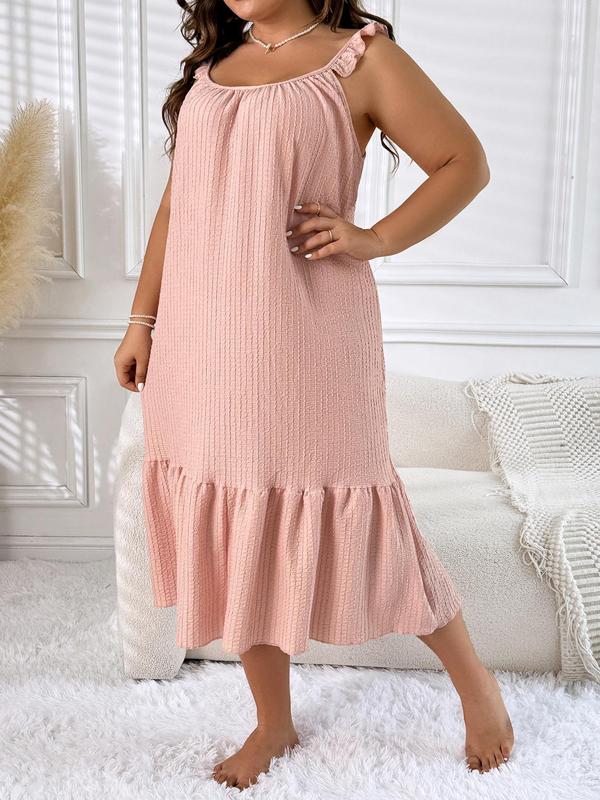 Plus Size Textured Frill Trim Ruffle Hem Cami Nightdress, Casual Cute Sleeveless Nightgown for Women, Women's Sleepwear for All Seasons