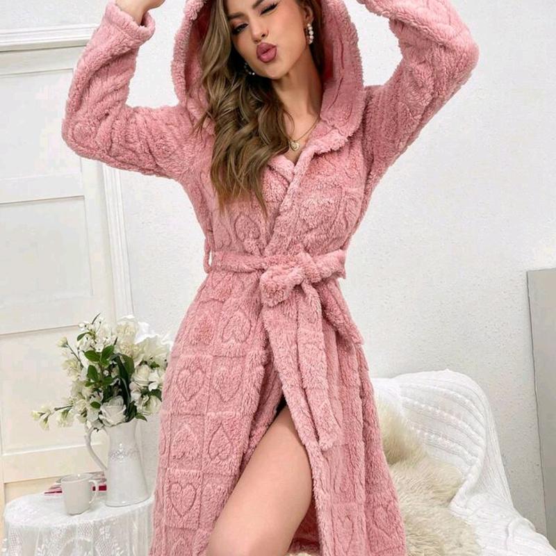 Women's Plush Hooded Robe with 3D Ear Design - Gowns, Womenswear Comfort Comfortable Cute Loungewear Nightwear Basic Long Sleeve Day