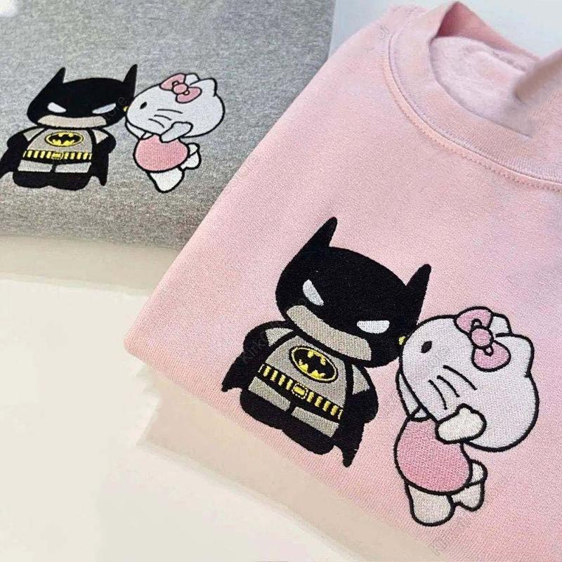 Halloween Kitten Kissing Super Bat Guy Embroidered Sweatshirt, Hello Couples Sweatshirt , Merch Sweater Hoodie Shirt