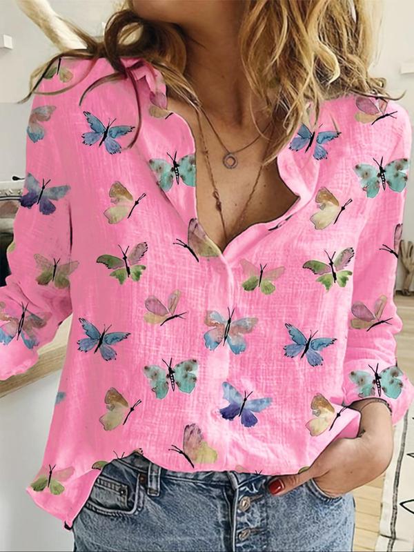 Women's Butterfly Print Button Front Blouse, Casual Long Sleeve Collared Top for Daily Wear, Going Out Tops, Ladies Clothes for All Seasons