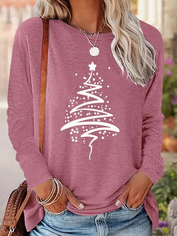 Women's Christmas Tree Print Drop Shoulder T-shirt, Casual Long Sleeve Round Neck Pullover for Fall & Winter, Ladies Clothes for Daily Wear