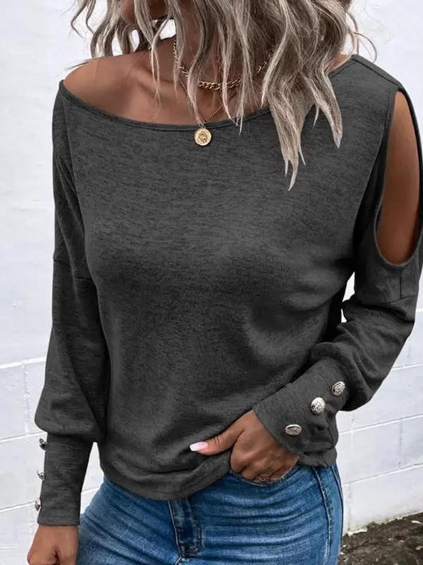 Women's Plain Cut Out Button Decor Asymmetrical Neck Tee, Casual Long Sleeve T-Shirt for Spring & Fall, Women's Top for Daily Wear