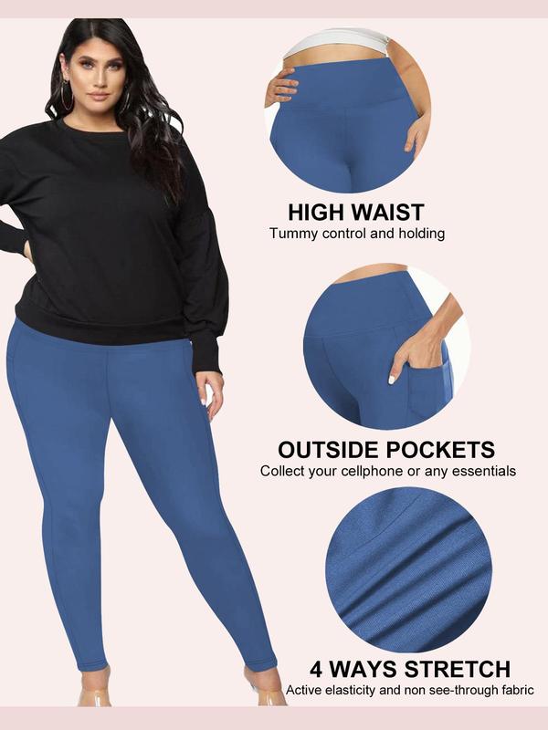  Solid High Waist Pocket Leggings, Casual Comfy High Stretch Skinny Pants for Women, Women's Bottoms for Fall & Winter