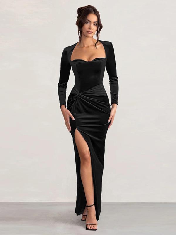 Women's Twist Ruched Split Thigh Bodycon Dress, Elegant Sweetheart Neck Long Sleeve Evening Party Gown, Ladies Fall & Winter Clothes