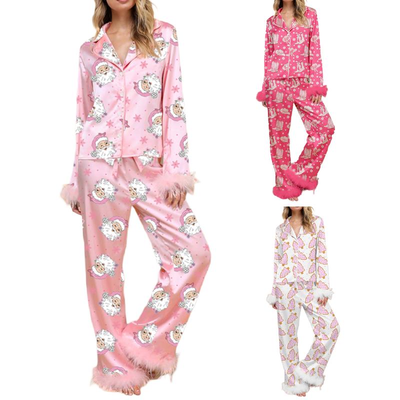 Women Christmas Pajamas Lounge Set Santa Christmas Tree Boots Print Shirts Tops and Pants Satin Loose 2 Piece Loungewear Outfits