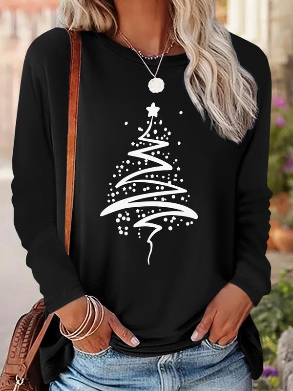 Women's Christmas Tree Print Drop Shoulder T-shirt, Casual Long Sleeve Round Neck Pullover for Fall & Winter, Ladies Clothes for Daily Wear