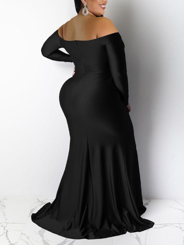 Plus Size Off The Shoulder Split Backless Bodycon Dress, Solid Long Sleeve Wrap Dress For Evening Party, Women's Plus Clothing For Spring & Fall