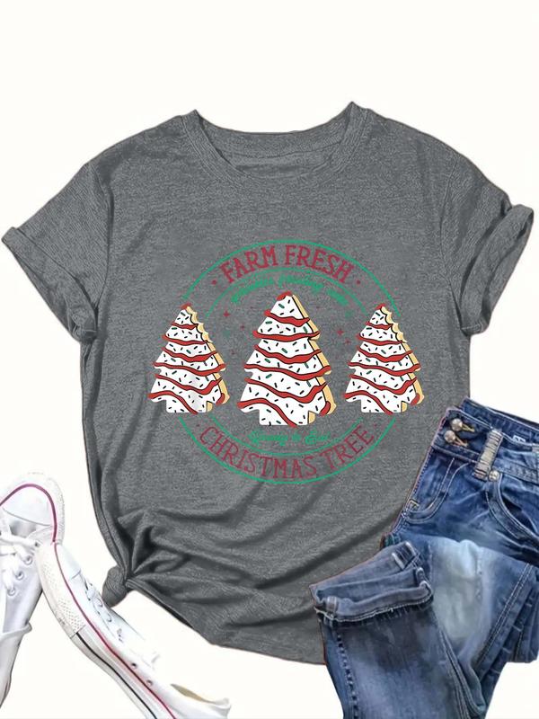  Cartoon Christmas Tree & Letter Print Round Neck Tee, Casual Short Sleeve Crew Neck T-Shirt for Summer, Women's Clothing for Daily Wear