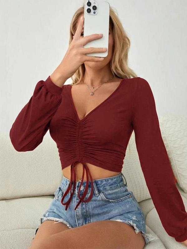 Women's New Plain Ruched Drawstring Long Sleeve Deep V Neck Crop Tee, Casual Bishop Sleeve T-Shirt Top for Spring & Fall, Women's Clothes