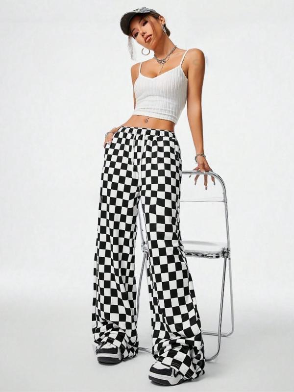 Women's Plaid Print Drawstring Waist Wide Leg Pants, Casual Comfy Pocket Trousers for Daily Wear, Ladies Bottoms for All Seasons