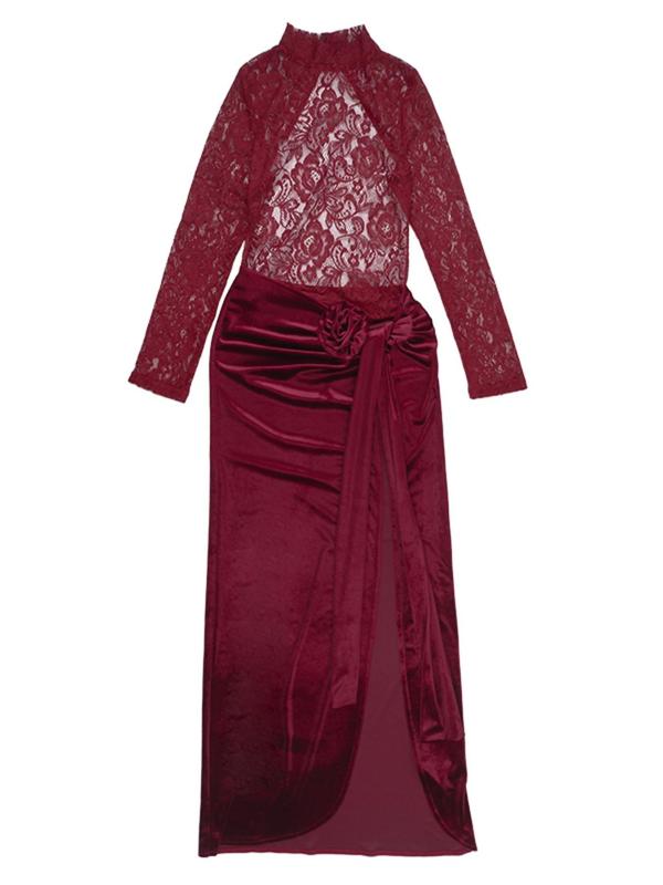 Christmas Deals Women's Contrast Lace Sheer Backless Split Thigh Velvet Dress, Elegant Mock Neck Long Sleeve Dress for Party Dating Wear, Women's Clothing for Spring & Fall, Christmas 2024 Trend, Fall & Winter Clothes