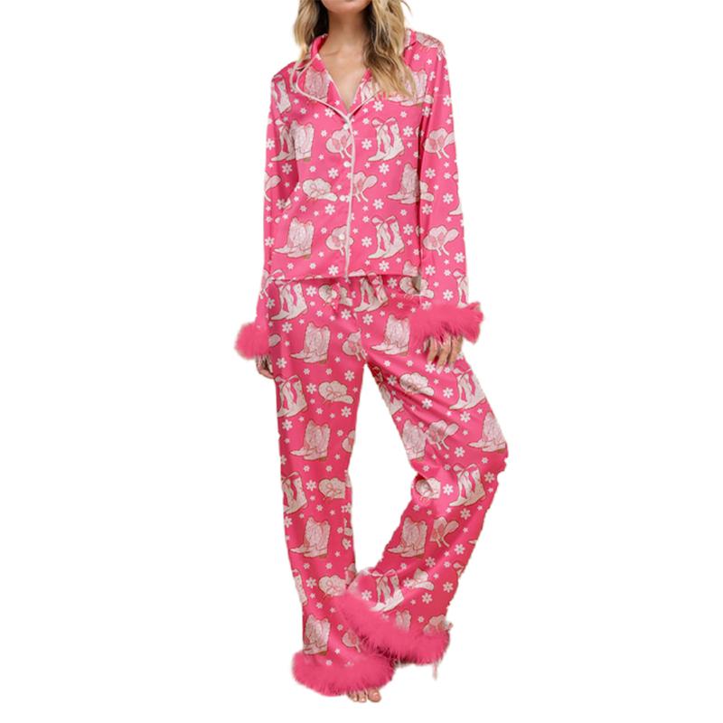 Women Christmas Pajamas Lounge Set Santa Christmas Tree Boots Print Shirts Tops and Pants Satin Loose 2 Piece Loungewear Outfits